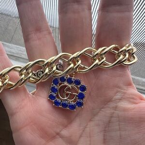 Gold Chain Bracelet with Blue GG Gemstone Charms 8.5”